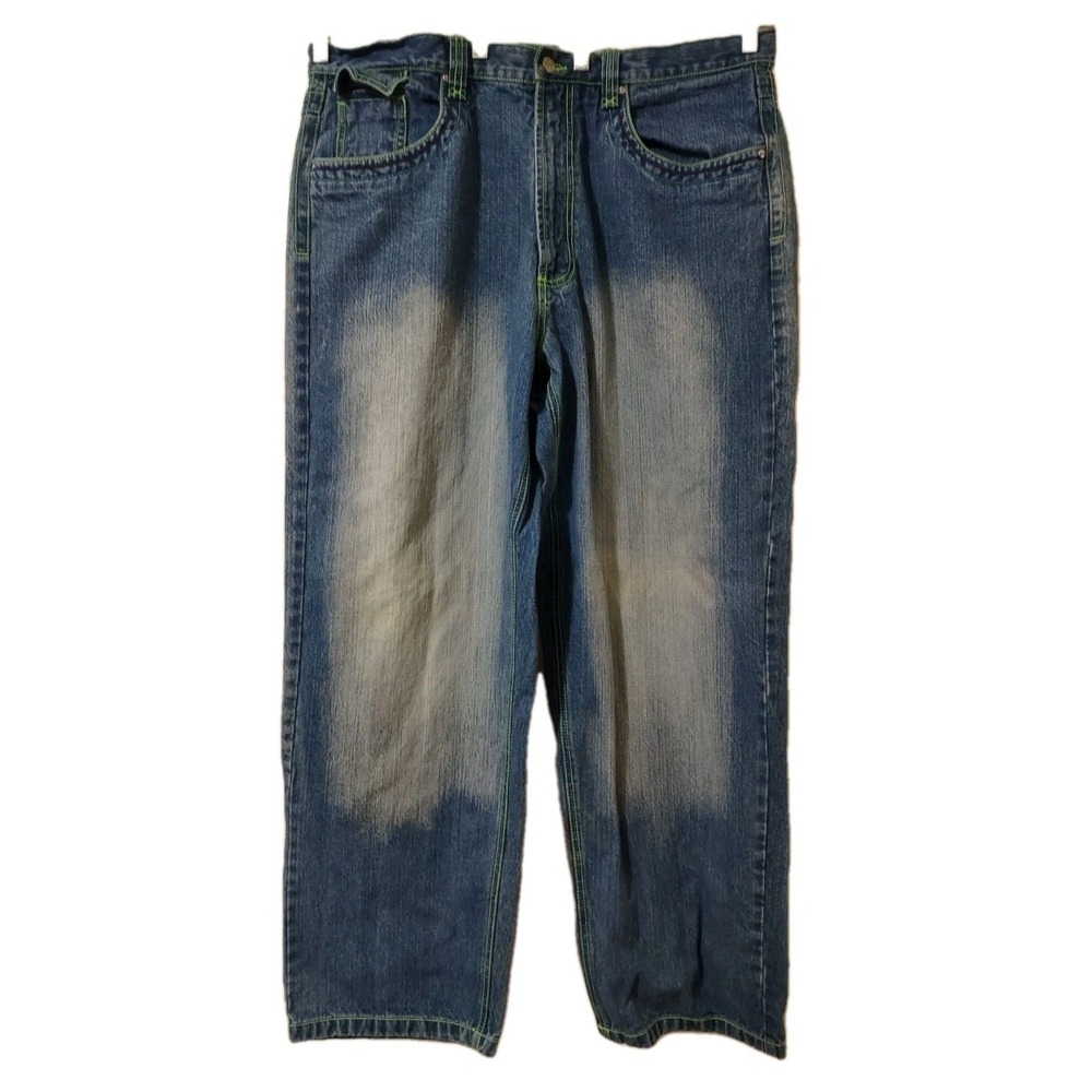 Jeans Riflessi Blue 44x34 Mens Baggy Wide Leg Y2K Streetwear Neon Stitch Graphic